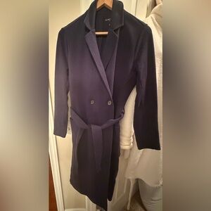 Structured Double-Breasted Navy Trench Coat with Waist Tie